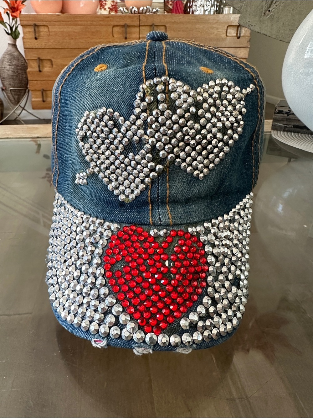 Denim Kids Cap with Red Heart and Silver Studs